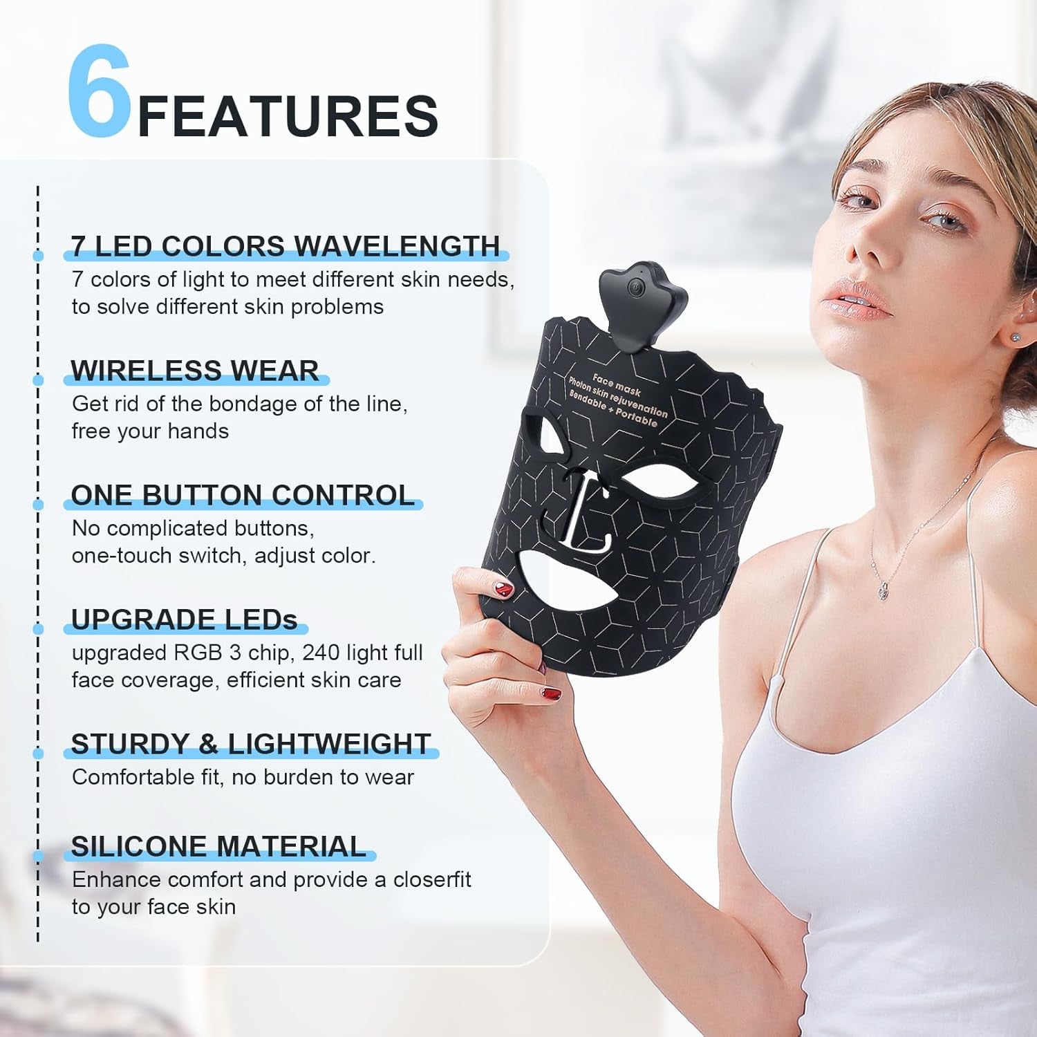 Máscara De Terapia De Luz Facial LED Máscara De Terapia De Luz Roja 7 Colores Máscara De Cara LED Para Dispositivo De Belleza De Cara Y Cuello Para Rejuvenecimiento De La Piel