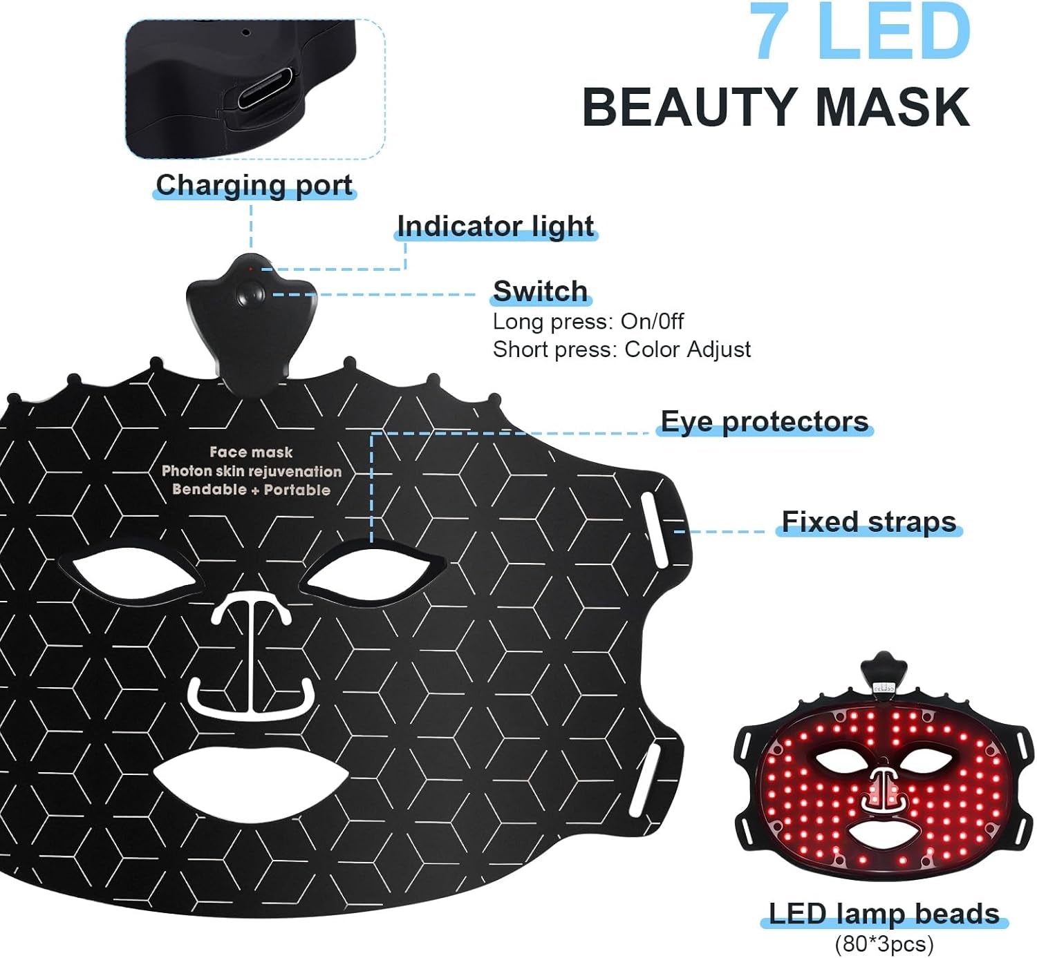 Máscara De Terapia De Luz Facial LED Máscara De Terapia De Luz Roja 7 Colores Máscara De Cara LED Para Dispositivo De Belleza De Cara Y Cuello Para Rejuvenecimiento De La Piel
