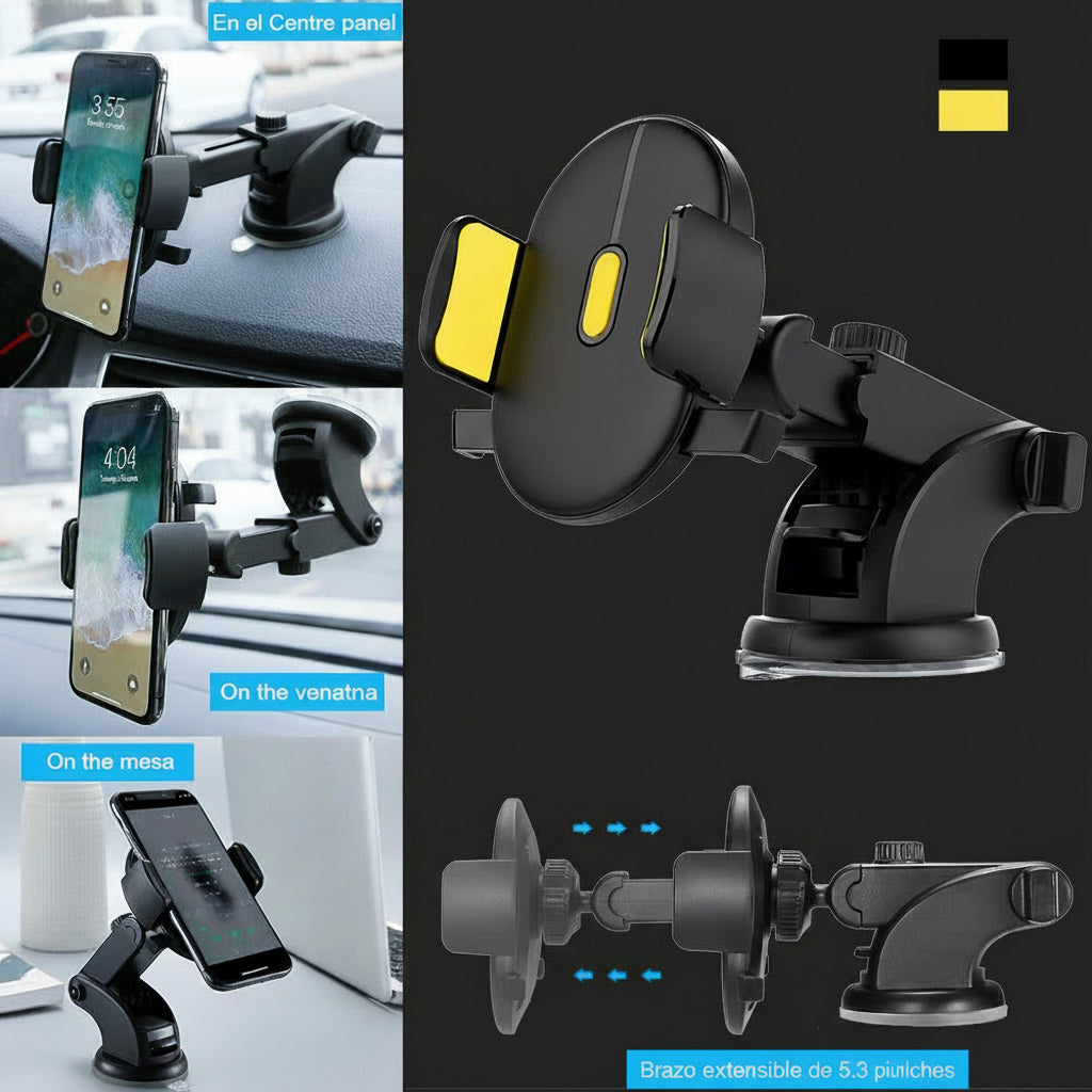 Soporte de móvil para coche telescópico con rotación 360 grados y ventosa de alta fijación. www.veloxashop.com